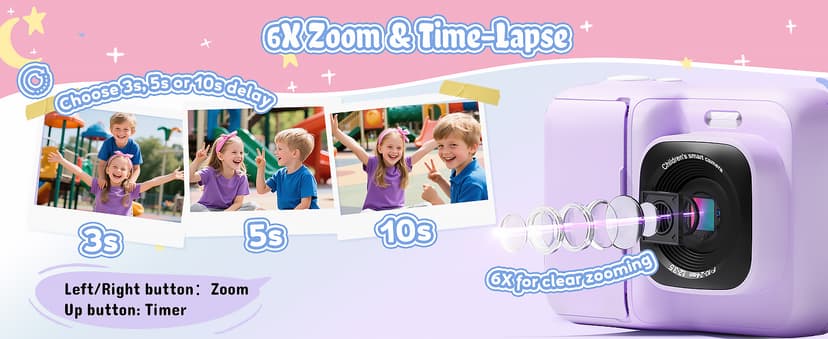 Kids Camera, 1080P Instant Digital Print Camera for Kids, Christmas Birthday Gifts for 4 5 6 7 8 9 10 Year Old Girls Boys, Portable Toy with 32GB SD Card & 3 Rolls Printing Paper, Purple