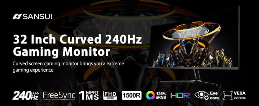 SANSUI 32 Inch Curved 240Hz Gaming Monitor High Refresh Rate, FHD 1080P Gaming PC Monitor HDMI DP1.4, Curved 1500R, 1Ms MPRT, HDR,Metal Stand,VESA Compatible(DP Cable Incl.)