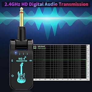 Wireless Guitar System 2.4 GHz with 8 Channels Rechargeable Audio Wireless Guitar Transmitter Receiver for Electric Guitar Bass Electric Wind Instruments,48K/16bit Real-time Transmissio (Black)