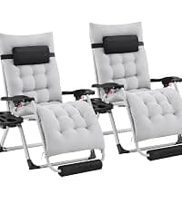 Yaheetech Zero Gravity Recliners Outdoor Adjustable Folding Reclining Lounge Chairs w/Pillows, Cup Holder Trays and Carry Strap for Patio Backyard Beach Gray Set of 2