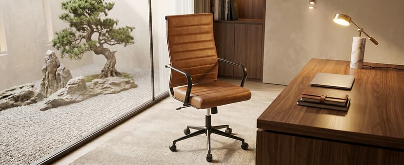 Okeysen Leather Office Desk Chair, Mid-Century Modern Leather Conference Room Chairs, Ergonomic Executive Ribbed Height Adjustable Swivel Rolling Chair for Home Office.