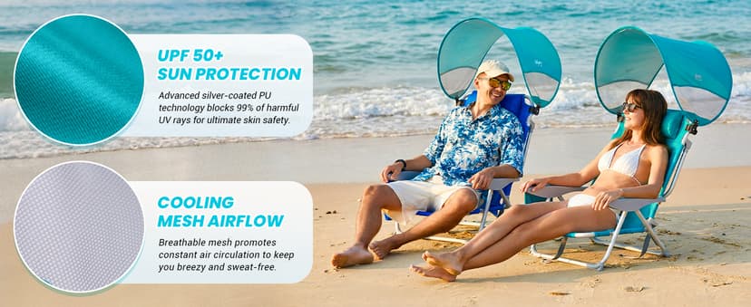 #WEJOY Beach Chair with Canopy Shade, Reclining Adjustable 4 Position, Lay Flat Lightweight Folding Portable Aluminum Chair with Backpack Straps,Padded headrest, Heavy Duty 400lbs Lawn Chair for Beach