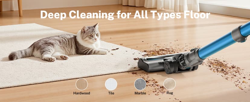 DEVOAC N300 Cordless Vacuum Cleaner, 6 in 1 Lightweight Stick Vacuum, 2200mAh Battery Up to 40mins Runtime, Powerful Handheld Vacuum for Hard Floor Rug Pet Hair Home Dorm (Blue)