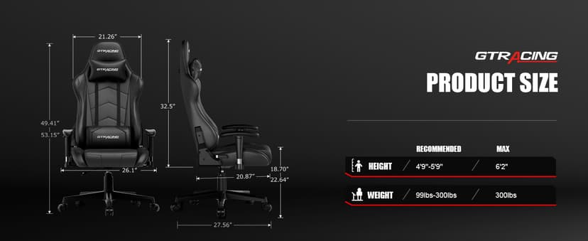 GTRACING Gaming Chair Racing Office Computer Ergonomic Video Game Chair Backrest and Seat Height Adjustable Swivel Recliner with Headrest and Lumbar Pillow Esports Chair (Dark Black)