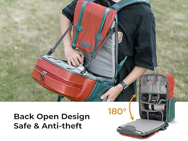 K&F CONCEPT 20L Camera Case for Photographers Large Capacity PU Leather Camera Bags with Raincover, 15.6 Inch Laptop Compartment for Camera Drone Bags