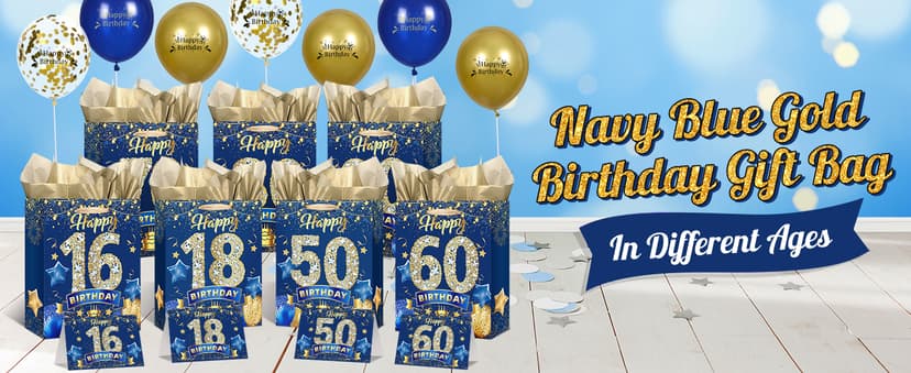 Blue 80th Birthday Gift Bag, Large Navy Blue and Gold Happy 80th Birthday Gift Wrap Bag with Card and 3pcs Tissue Paper for Men Women 80 Years Old Anniversary Party Favors Goodie Wrapping Bag Supplies