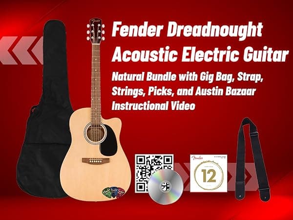 Fender FA Series Dreadnought Acoustic-Electric Guitar - Natural Bundle with Gig Bag, Strap, Strings, Picks, and Austin Bazaar Instructional DVD