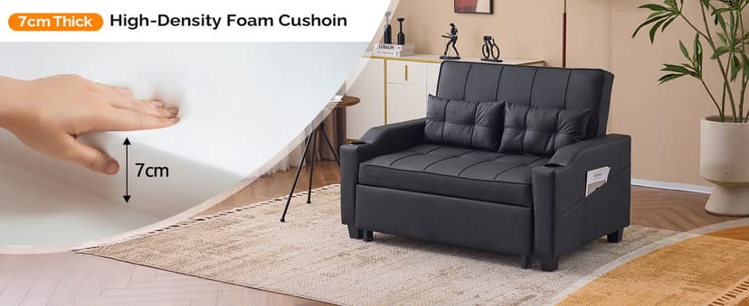 VINGLI Black Futon Sofa Bed Convertible Loveseat Sleeper Couch, Faux Leather Pullout Sofa Fold Out Couch Bed with USB Ports, Cup Holders, Armrest for Living Room, Bedroom Apartment Room