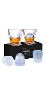 Whiskey Rocks Glass, Set of 4 (2 Crystal Bourbon Glasses, 2 Round Big Ice Ball Molds) In Gift Box - 11 Oz Old Fashioned Glasses for Scotch Cocktail Rum Cognac Vodka Liquor, Unique Gifts for Men