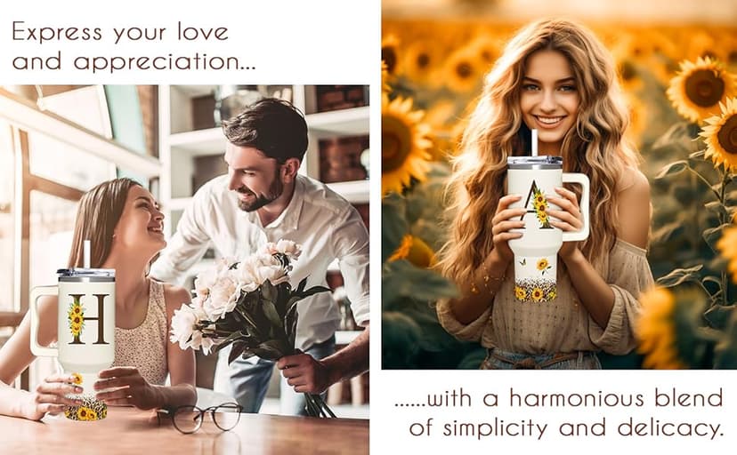 Personalized Birthday Gifts For Women - Sunflower Gifts For Women, Mom - Christmas Gifts For Womens, Mother's Day Gift For Mom, Boss - Monogrammed, Initial Tumbler Handle 40oz W Lids & Straws, K