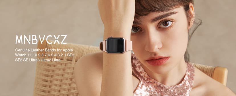MNBVCXZ Leather Bands Compatible with Apple Watch Band Women, Womens Genuine Replacement Strap for iWatch Series 11 10 9 8 7 6 5 4 3 2 1 SE 3 SE 2 SE (42mm 41mm 40mm 38mm, Pink Sand/Rose Gold)
