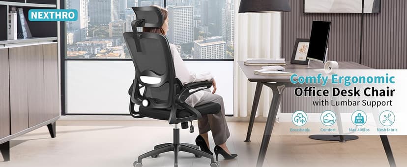 Ergonomic Office Chair,Mesh Office Chair with Lumbar Support,High Back Desk Chair with Flip-up Arms,400 lbs Big and Tall Computer Chair with Headrest,Comfy Desk Chairs