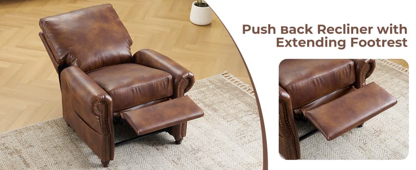 Pushback Recliner Chair with Massage and Heat, Breathable Leather Recliner Chair with Overstuffed Backrest, Recliner with Rivet Decoration, Single Sofa Accent Chair for Living Room, Brown