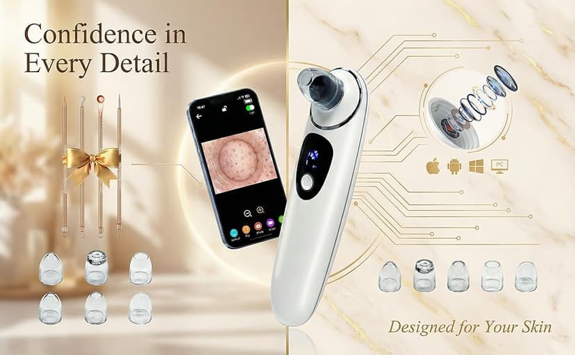 2026 Pore Vacuum with Camerafor, USB Rechargeable Blackhead Remover Vacuum,3 Levels Adjustable Pore Vacuum Blackhead Remover, 6 Suction Heads,Face Vacuum Pore Cleanser for Women & Men-White