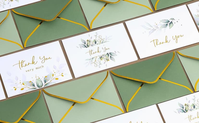 Winoo Design 100 PK Luxurious Gold Thank You Cards with Envelopes Bulk Sage Green - 5x3.5 Inches Wedding Thank You Notes Baby Shower Greenery Bridal Shower Small Business