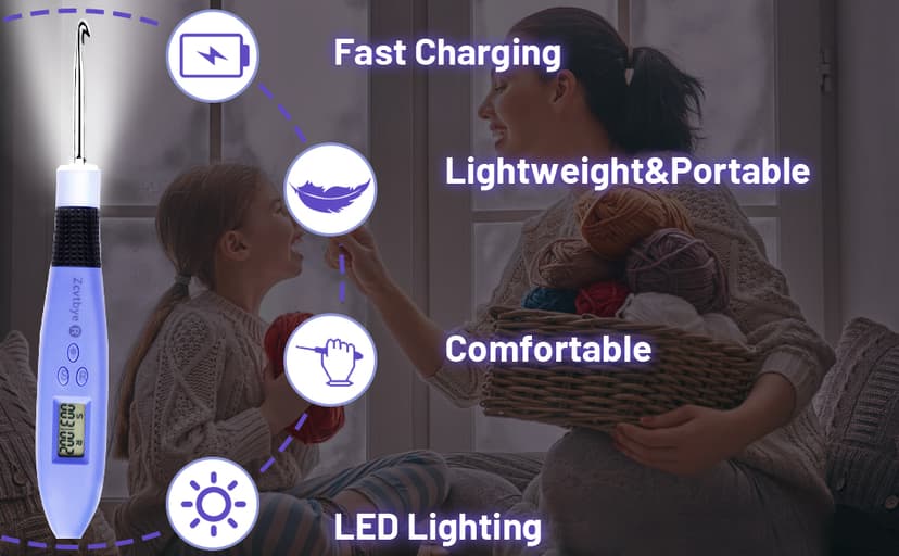 Light Up Crochet Hook Set Lighted Crochet Hook Set with 12 Different Size Interchangeable Crochet Needle, Ergonomic with 2 Levels Led and Digital Stitch Counter for Crocheting and Knitting