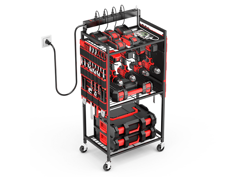 Floor Rolling, Large Tools Storage Cart on Wheels, Heavy Duty Drill Battery Station, Utility Rack Shelf for Garage Workshop JUNNUJ Power Tool Charging Organizer Cart, 8 Outlet 3 USB, 6 FT Cord, Red B0F378R323