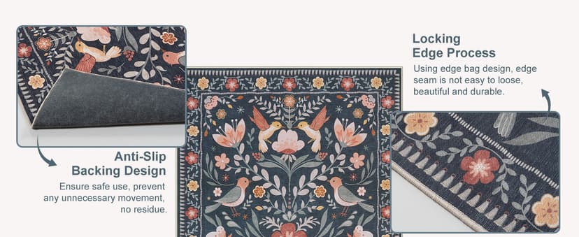 Anidaroel 48"x60" Office Chair Mat for Hardwood Floor/Tile, Black Floor Mat for Office Chairs, Anti-Slip Floral Under Desk Rug for Rolling Chairs, Bird Bug Low Pile Desk Chair Mats for Hardwood