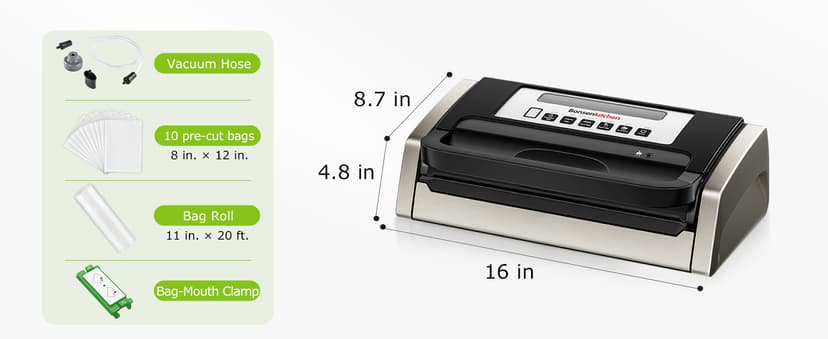 Bonsenkitchen Vacuum Sealer Machine, Globefish Technology for Perfect Vacuum Sealing, Powerful Low-Noise Food Vacuum Sealer with Easy Handle Design, Built-in Cutter & Bag Storage, 1 Bag Roll & 10 Bags
