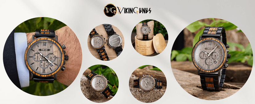 Vikingenes – Wooden Watches for Men, Engraved Wood Watch, Personalized Men's Gift, Viking Watches, Natural Wood Wristwatch, Luxury Wooden Chronograph, Custom Engraved Watch, Unique Gift for Men