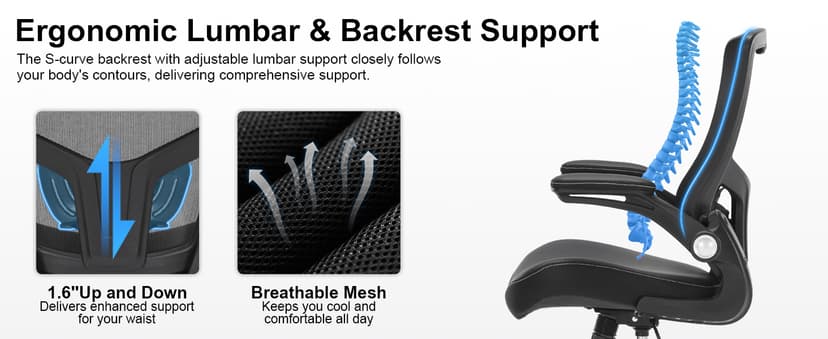 Office Chair, Ergonomic Desk Chair with Adjustable Lumbar Support, Breathable Mesh Computer Chair with Flip-up Armrests, 350lbs Comfy Swivel Task Chairs for Home Office, Black
