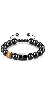 FRG Initials Bracelets for Men Letter Link Handmade Natural Black Onyx Tiger Eye Stone Beads Braided Rope Meaningful Bracelet