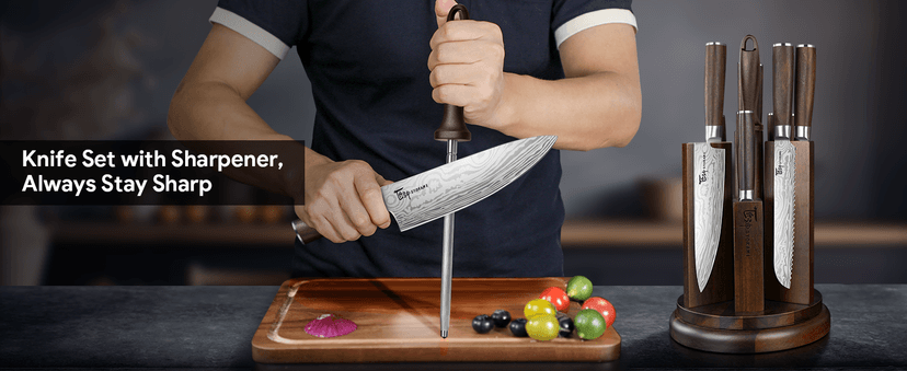 360° Rotatable Block, Japanese Style Chef Knife & Steak Knife Set with Sharpener, Wood Handle, Damascus Pattern, Ideal Gift SYOKAMI 14-Piece Kitchen Knife Set with Magnetic Block, New for 2026 B0CB122YV5