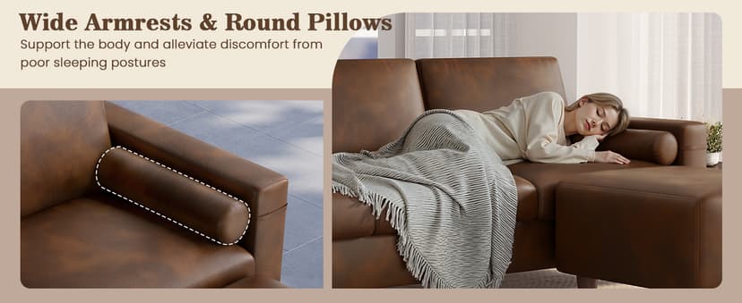 Vesgantti 100" PU Faux Leather Sofa with Movable Ottoman, 3 Seater L Shaped Leather Sectional Couch with Side Pocket, Comfy Mid Century Modern Modular Couch for Living Room, Apartment, Cocoa