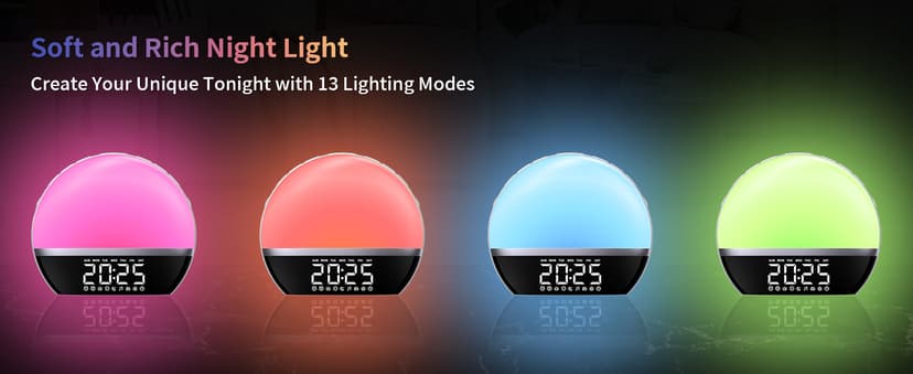 SoundLegend FM Radio Sunrise Alarm Clock Sound Machine Wake-Up Light Sunrise Sunset Simulation Adjustable Volume Brightness Sleep Aid 13 Colors 23 Sounds 28 Tunes Snooze Dual Alarm 4 Timers