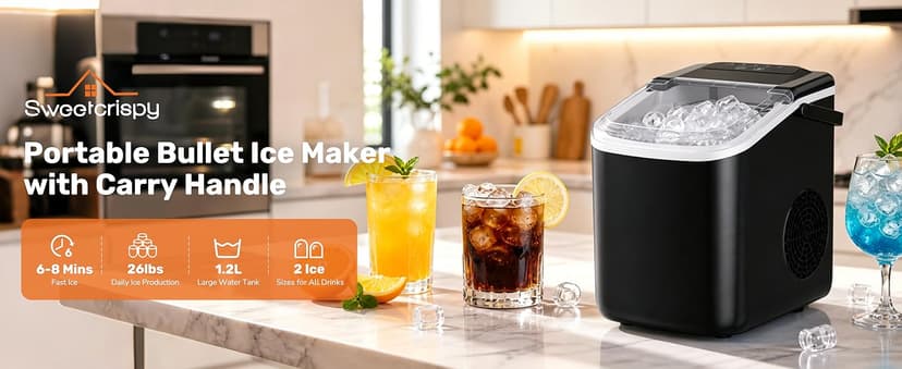 Sweetcrispy Countertop Ice Maker with Scoop, Basket and Handle, Portable Ice Machine 9 Ice Cubes Ready in 6 Mins, 26.5lbs in 24Hrs, 2 Sizes for Home Kitchen Office Bar Party