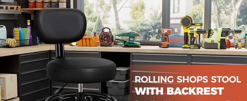 Shop Stool with Wheels for Garage, Mechanics Rolling Chair with Backrest, Adjustable Height Heavy Duty Garage Stool with Footrest and Storage Tray, Swivel Task Chair for Workshop Kitchen Salon
