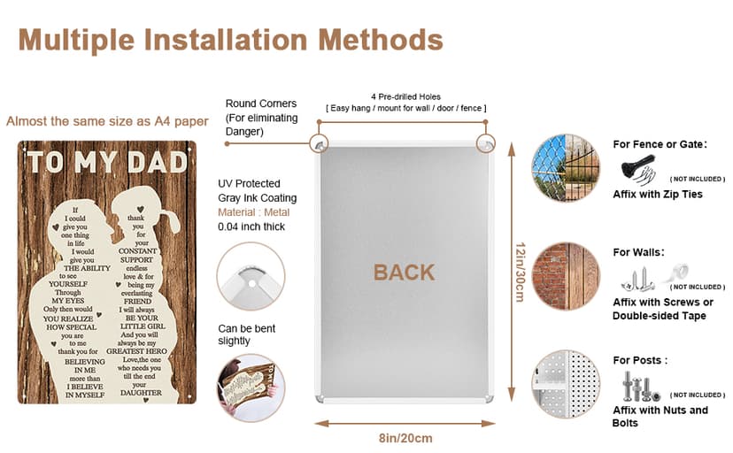 Gifts for Dad from Daughter Wife,12x8Inch Metal Tin Sign Novelty Vintage Plaque Decorative Gifts for Dad Husband,Meaningful Christmas Anniversary Birthday Father's Day Presents for Daddy Stepfather