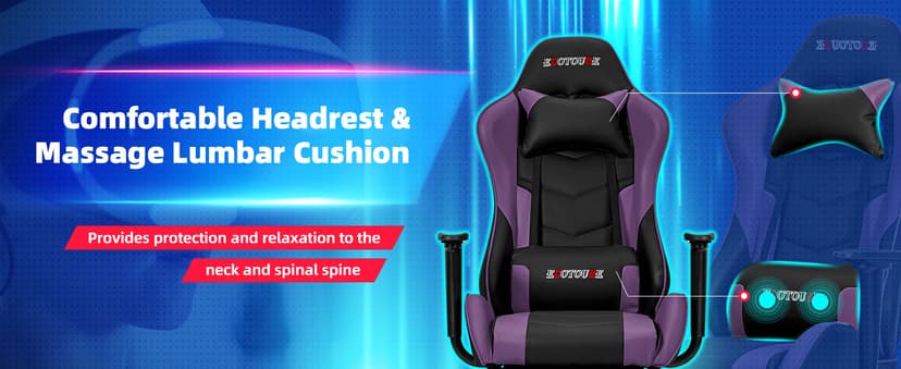 ECOTOUGE PC Massage Gaming Chair with Footrest Ergonomic Office Desk Chair Racing PU Leather Recliner Swivel Rocker with Headrest and Lumbar Pillow, Violet