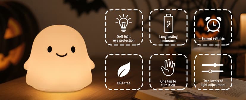 Ghost Night Light for Kids, Squishy Silicone Lamp - 50H Low/12H High, 2 Brightness, Tap-Control, USB Rechargeable, for Kids Halloween Decor & Nursery, Great Ghost Gifts