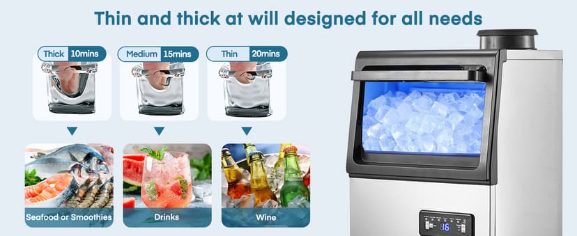 Commercial Ice Maker Machine, 100LBS/24H Freestanding & Undercounter Ice Machine with 2 Water Inlets, 40 PCS/Cycle and 24LBS Storage Bin, Stainless Steel, LED Display & Self-Cleaning for Home Bar