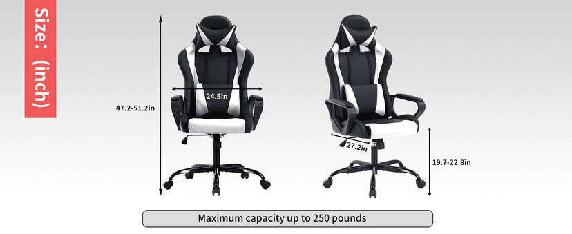 Gaming Chair Office Chair High-Back Ergonomic Video Game Chairs for Kids Teen Adult Height Adjustable Reclining Computer Chair with Lumbar Support Armrest Headrest Game Chair - White