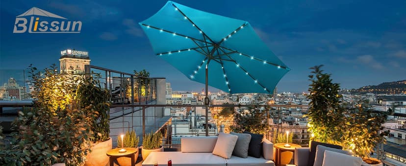 Blissun 9 ft Solar Umbrella 32 LED Lighted Patio Umbrella Table Market Umbrella with Tilt and Crank Outdoor Umbrella for Garden, Deck, Backyard, Pool and Beach (Navy Blue)