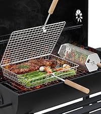 Rolling Grill Basket, Removable Wooden Handle, 304 Stainless Steel, Nesting Smoker Net, BBQ Accessories Tools for Vegetable Shrimp, Outdoor Cooking Camping, Birthday Gifts for Men Dad Husband