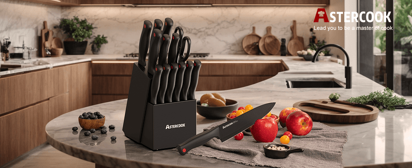 Stainless Steel Kitchen Utensils Set Dishwasher Safe Astercook Knife Set for Kitchen with Block and Sharpener 15pcs German B0C1YBPJ43