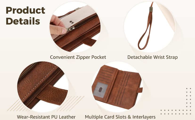 OMISTAR Women's RFID Blocking PU Leather Wallet, Trifold Clutch Purse with Wrist Strap, Multi-Compartment Credit Card Holder with Zipper Pockets for Cash, ID, Coins, Travel Essentials
