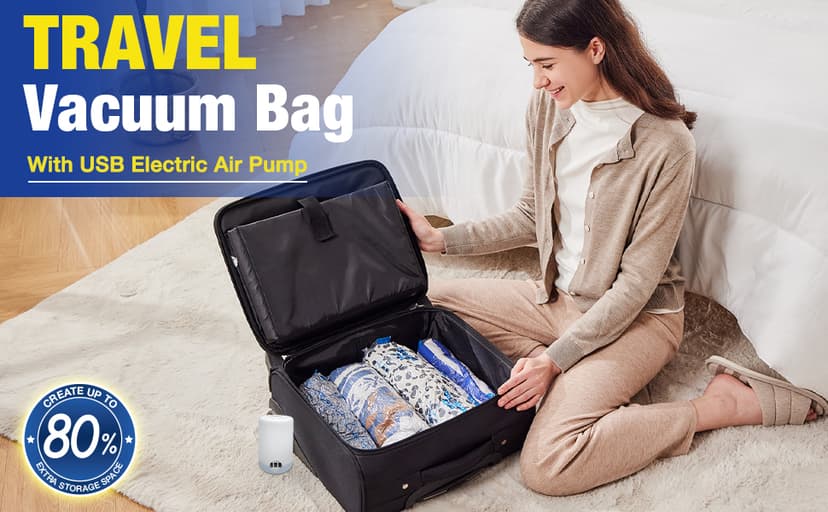 HIBAG Travel Vacuum Bags with Electric Pump for Luggage and Suitcase, Vacuum Seal Compression Packing Bags for Clothes Clothing, Combo 12 Pack