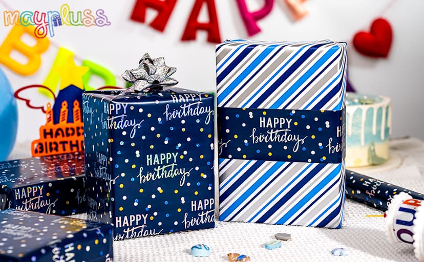 MAYPLUSS Birthday Wrapping Paper Roll, Blue Metallic Holographic Happy Birthday Wrapping Paper Featuring Revesible Stripe Gift Wrap Paper for Boys Kids Girls Men, 17 Inches x 33 Feet B0FX9W1LZD