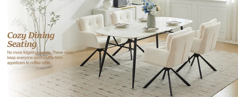 WUTUTUEE Fabric Dining Chair Modern Upholstered Swivel Dining Room Chairs Comfy Accent Armchair with Mid Back, Desk Arm Chair No Wheels for Kitchen/Living Room/Home Office, White