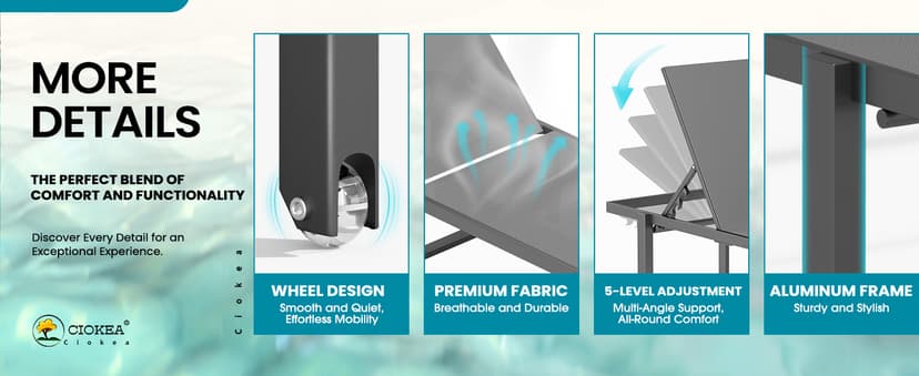 Ciokea Aluminum Chaise Lounge Chair Outdoor with Wheels, Patio Lounge Chair with Adjustable 5-Position Recliner and Full Flat Tanning Chair for Patio, Beach, Pool, Grey