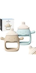 2 Pack Baby Teething Toy Silicone Teething Mitten for Babies Over 3 Months Anti Dropping Wrist Hand Teethers Baby Chew Toys for Sucking Needs, BPA Free (Pink & Caramel)