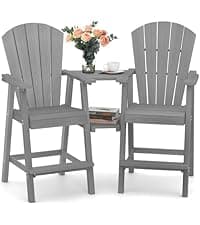 Ciokea Folding Adirondack Chair with Retractable Ottoman Fire Pit Patio Chair with Pull Out Foot Rest Weather Resistant Lawn Outdoor Lounge Chair with 2 Cup Holder (Grey)