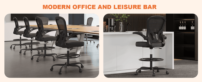 Ergonomic Drafting Chair, Tall Office Chair with Flip-up Armrests, Breathable Mesh High Desk Chair with Lumbar Support Adjustable Footrest Ring for Standing Desk Black
