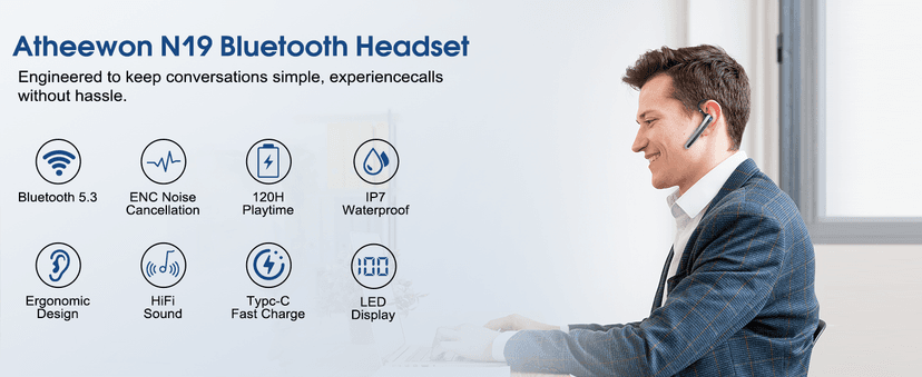 Atheewon Bluetooth Headset V5.3, Wireless Headset with ENC Noise Canceling Mic, 120Hrs Talk Single-Ear Bluetooth Earpiece, LED Display, IP7 Waterproof Hand-Free Earphone for Business/Trucker/Driver
