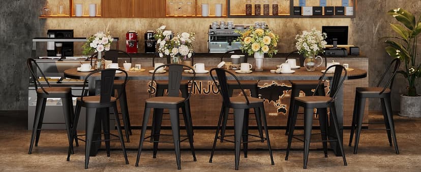 ALISH 26 Inch Industrial Bar Stools Set of 4, High Back Metal Barstools with Large Wood Seat, Counter Height Bar Chairs for Kitchen Island (26 Inch Set of 4, Black)