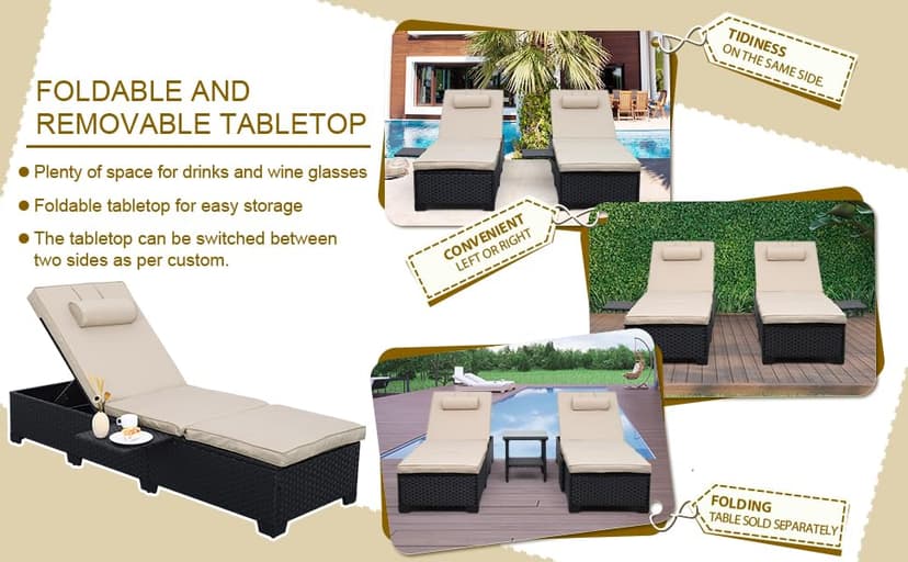 WAROOM Outdoor Chaise Lounge Chairs for Outside Patio Furniture Set of 2 Wicker Recliner Black Rattan Sunbathing Lounger Adjustable Backrest Pool Reclining Chair, Khaki Cushion